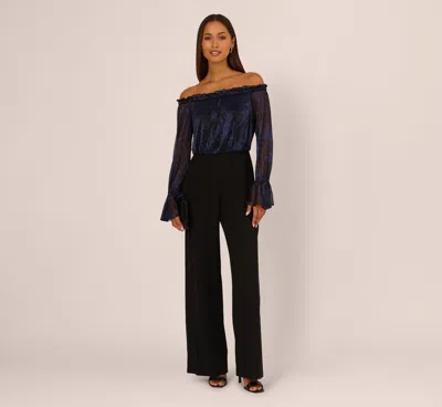 Adrianna Papell Long Sleeve Off Shoulder Metallic Combo Jumpsuit In Navy Black In Multi