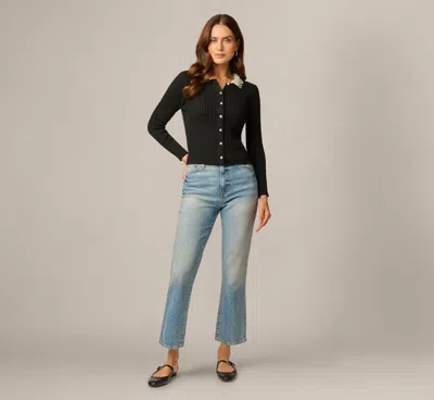Adrianna Papell Long Sleeve Pearly Collar Cardigan Sweater In Black