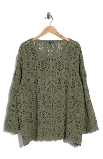 Adrianna Papell Long Sleeve Open Crochet Sweater In Sage Moss In Green