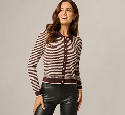 Adrianna Papell Long Sleeve Polo Collar Cardigan Sweater In Chocolate Cream In Chocolate/cream