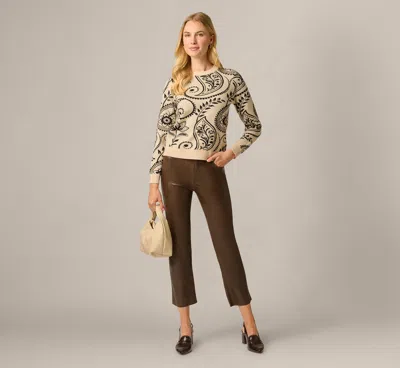 Adrianna Papell Long Sleeve Ribbed Trim Crew Neck Pullover Sweater In Cream Black Paisley In Neutral