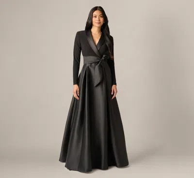 Adrianna Papell Long Sleeve Sash Belt Tuxedo Combo Gown In Black