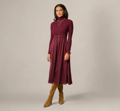 Adrianna Papell Long Sleeve Satin Combo Amelia Midi Dress In Cherry Lacquer In Multi