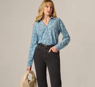 Adrianna Papell Long Sleeve Semisheer Burnout Floral Blouse In Stone Blue