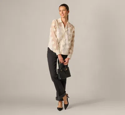 Adrianna Papell Long Sleeve Sheer 3d Floral Petal Blouse In Cream Frosting In Multi