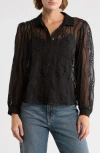 Adrianna Papell Long Sleeve Sheer Floral Eyelet Lace Button-up Top In Black