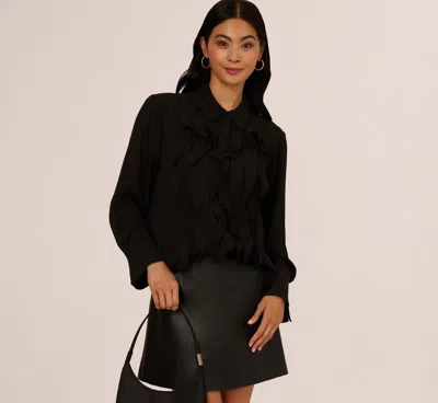 Adrianna Papell Long Sleeve Sheer Ruffle Front Blouse In Black