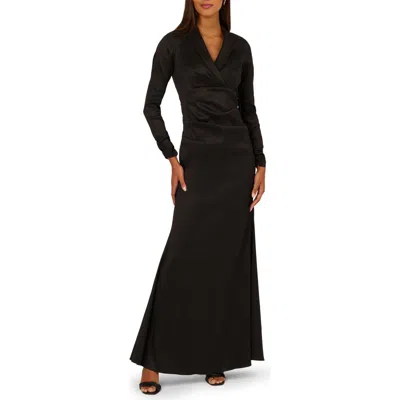 Adrianna Papell Long Sleeve Stretch Taffeta Tuxedo Gown In Black