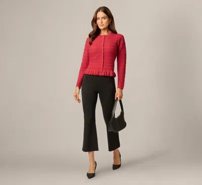 Adrianna Papell Long Sleeve Textured Ruffle Hem Cardigan Sweater In Garnet