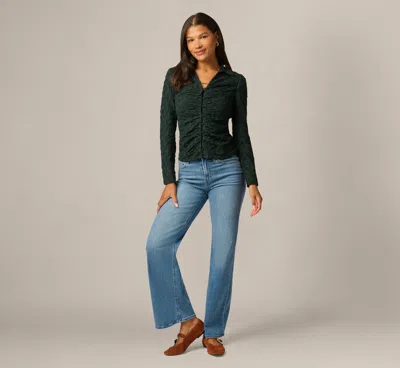 Adrianna Papell Long Sleeve Textured Semisheer Ruched Blouse In Jungle Green