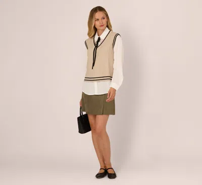 Adrianna Papell Long Sleeve Tie Neck Sweater Vest Twofer Top In Neutral Black In Multi