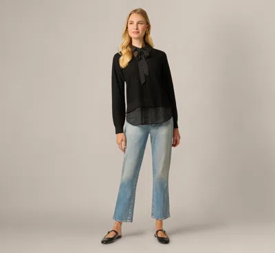 Adrianna Papell Long Sleeve Tie Neck Twofer Sweater Top In Black W Black Ivory Dot In Blue