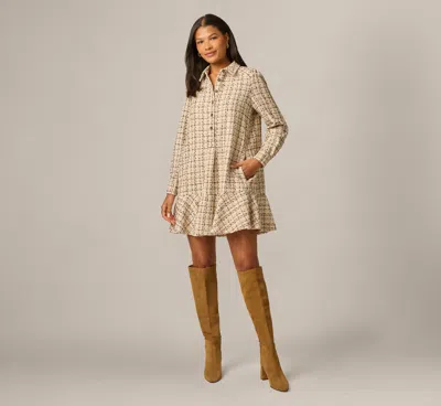 Adrianna Papell Long Sleeve Tweed Short Hailey Dress In Parchment In Neutral