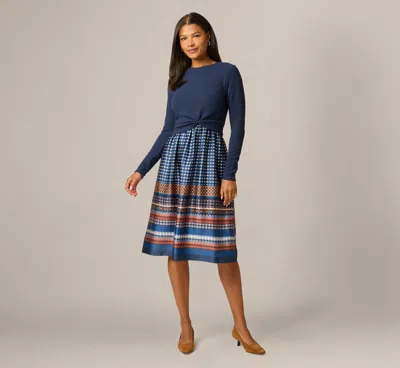Adrianna Papell Long Sleeve Twist Waist Midi Amelia Dress In Navy Mustard In Blue
