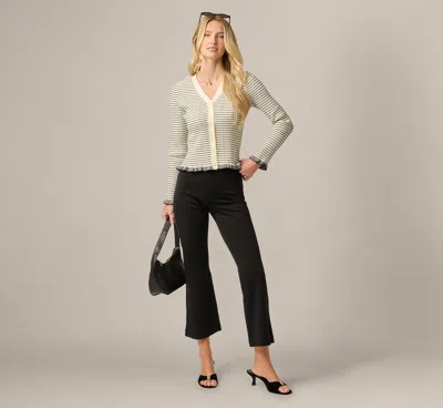 Adrianna Papell Long Sleeve V Neck Ruffle Cardigan Sweater In Cream Black
