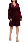 Adrianna Papell Long Sleeve Velvet Burnout Dress In Burgundy/ Black