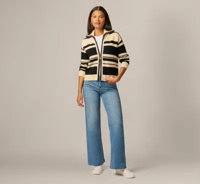 Adrianna Papell Long Sleeve Zipper Collar Cardigan Sweater In Cream Black