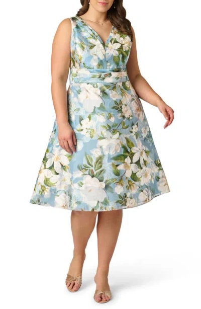 Adrianna Papell Plus Size Magnolia Floral Jacquard A Line Midi Dress In Blue Multi