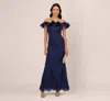 Adrianna Papell Maxi Dress Women's Navy Ruffle Off The Shoulder Gown Gbo621 In Blue