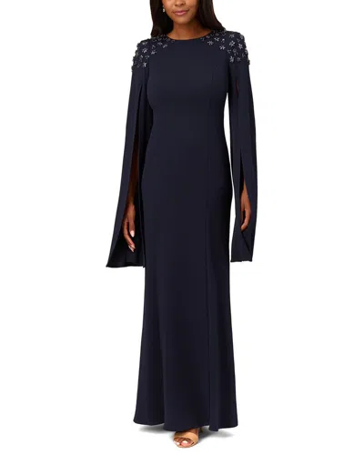 Adrianna Papell Beaded Cape Sleeve Gown In Midnight