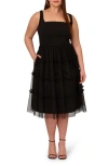 Adrianna Papell Mesh Overlay Tiered Midi Cocktail Dress In Black