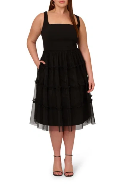 Adrianna Papell Mesh Overlay Tiered Midi Cocktail Dress In Black