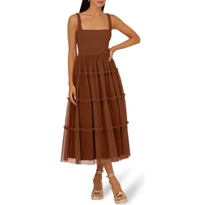 Adrianna Papell Mesh Overlay Tiered Midi Cocktail Dress In Brown