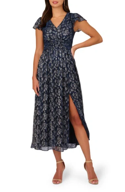 Adrianna Papell Metallic Crinkle Midi Cocktail Dress In Navy/silver