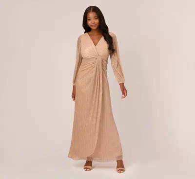 Adrianna Papell Metallic Crinkled Mesh Draped Long Gown In Light Gold