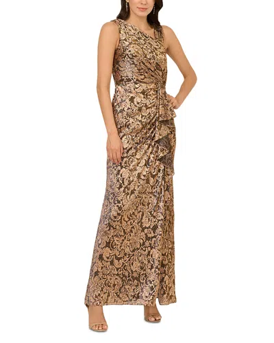 Adrianna Papell Sleeveless Asymmetrical Damask Metallic Gown In Chocolate In Brown