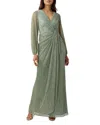 Adrianna Papell Metallic Long Sleeve Mesh Evening Gown In Green Slate