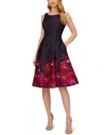 Adrianna Papell Metallic Floral Border Fit Flare Jacquard Dress In Blue