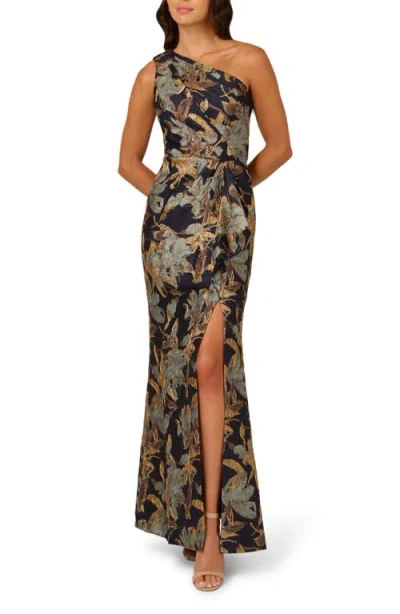 Adrianna Papell Metallic Floral Jacquard Mermaid Gown In Blue/gold