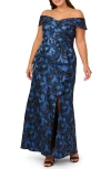 Adrianna Papell Metallic Floral Jacquard Off The Shoulder Gown In Blue Multi