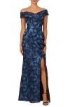 Adrianna Papell Metallic Floral Jacquard Off The Shoulder Gown In Blue Multi