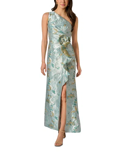 Adrianna Papell One-shoulder Rosette Metallic Jacquard Slit Gown In Multi