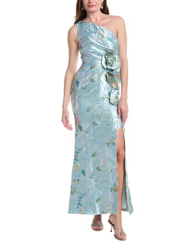 Adrianna Papell One-shoulder Rosette Metallic Jacquard Slit Gown In Multi