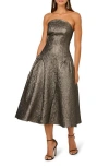 Adrianna Papell Metallic Jacquard Strapless Midi Dress In Silver