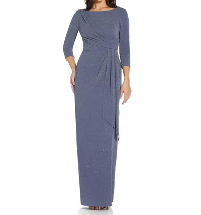 Adrianna Papell Metallic Knit Covered Gown In Steel Blue