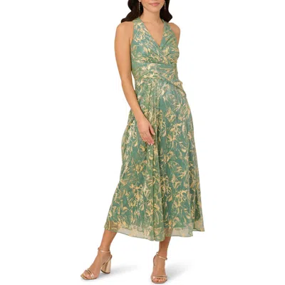 Adrianna Papell Metallic Leaf Crinkle Cocktail Dress In Sage/gold