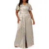 Adrianna Papell Metallic Leaf Jacquard Draped Gown In Gray