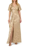 Adrianna Papell Petite Surplice-neck Foil Leaf Draped Gown In Champagne/gold