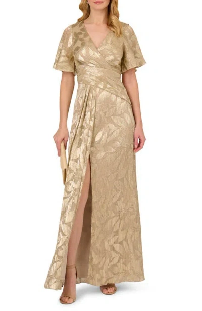 Adrianna Papell Metallic Leaf Jacquard Draped Gown In Champagne/gold