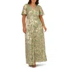 Adrianna Papell Metallic Leaf Jacquard Draped Gown In Green