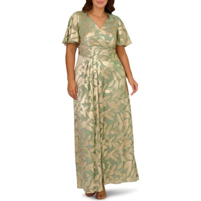 Adrianna Papell Metallic Leaf Jacquard Draped Gown In Green
