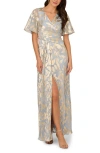 Adrianna Papell Metallic Leaf Jacquard Draped Gown In Light Blue/gold