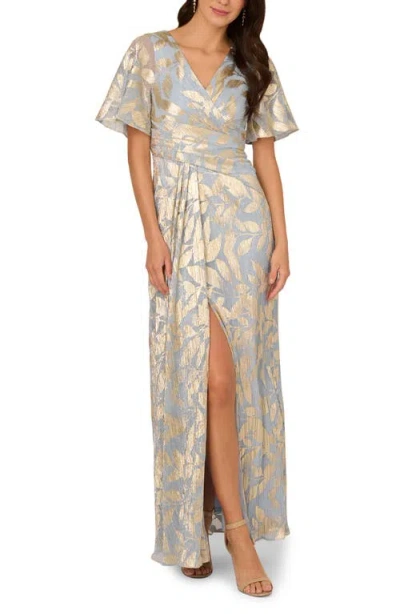 Adrianna Papell Foil Leaf Short Sleeve Gown With Draped Details In Light Blue Gold In Gray