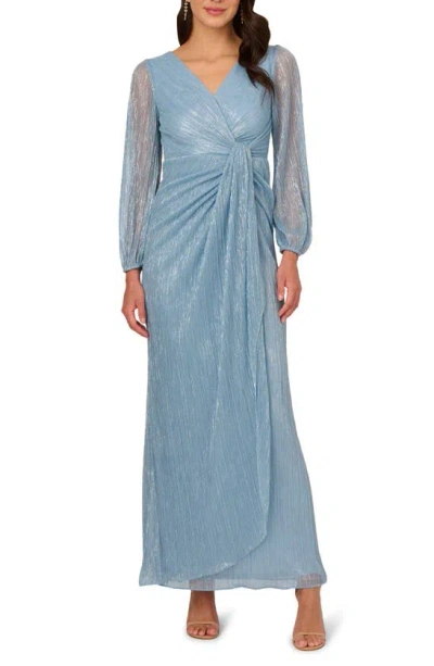 Adrianna Papell Metallic Long Sleeve Mesh Evening Gown In Belize Blue