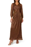 Adrianna Papell Metallic Long Sleeve Mesh Evening Gown In Copper