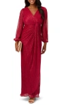 Adrianna Papell Metallic Mesh Draped Gown In Scarlet